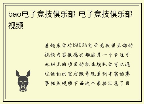 bao电子竞技俱乐部 电子竞技俱乐部视频